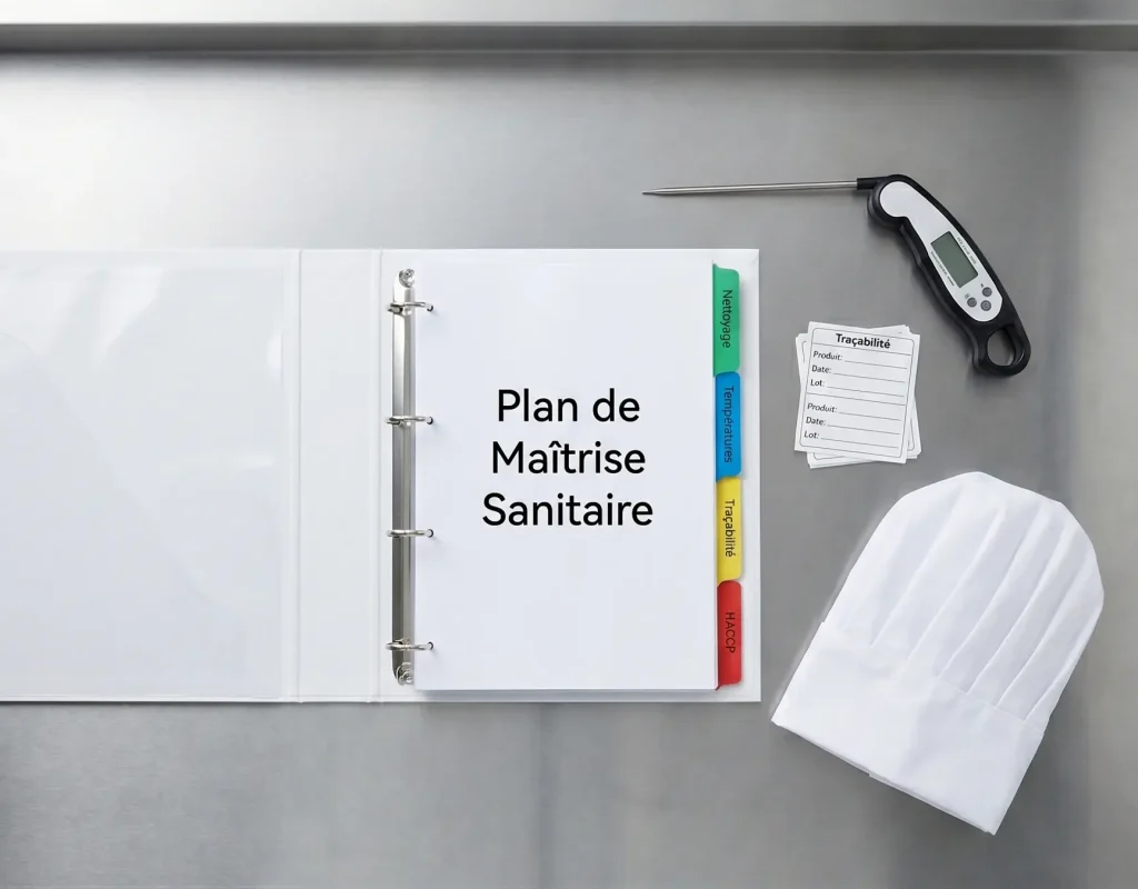 Classeur PMS avec intercalaires nettoyage, températures, traçabilité et HACCP en cuisine professionnelle