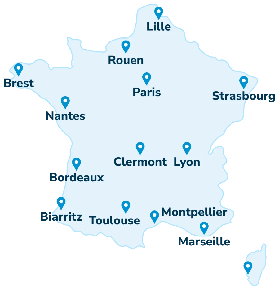 Carte de France des implantations Kooklin : Lille, Rouen, Brest, Paris, Strasbourg, Nantes, Clermont, Lyon, Bordeaux, Biarritz, Toulouse, Montpellier, Marseille et la Corse